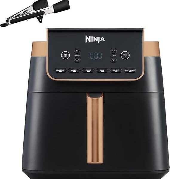 Ninja Air Fryer MAX PRO. 6.2L. Uses No Oil. Large Square Single Drawer. Roast. Bake. Air Fry. Family Size. Non-Stick. Dishwasher Safe Basket & Crisper Plate. Silicone Tongs. Black & Copper. AF180UKCP